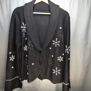 XL Black Cardigan White Snowflake Print - Cozy Grannycore Aesthetic